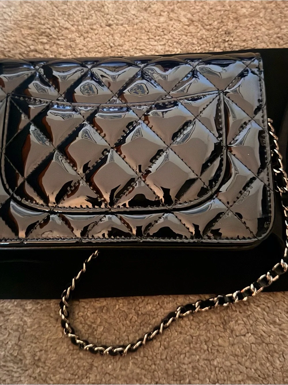 CHANEL Black Quilted Patent Leather Crossbody Wallet with Chain